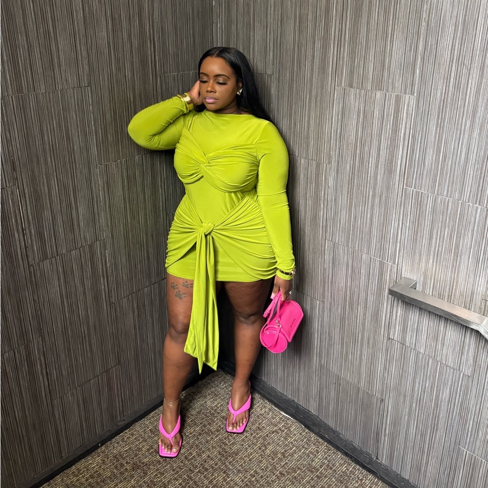 Vibrant Green Long Sleeve Ruched Mini Dress